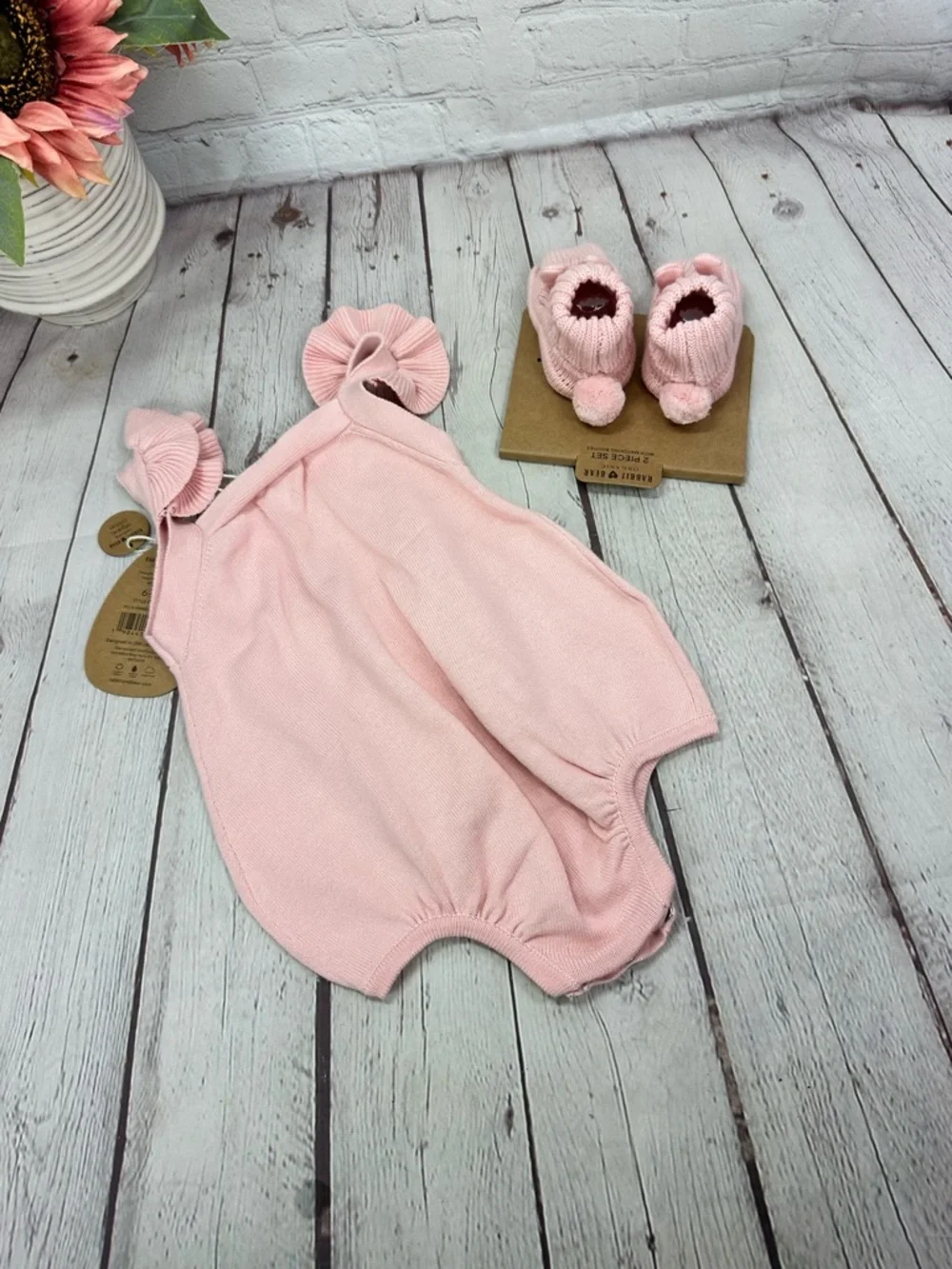 NWT rabbit + bear Knit One-Piece romper Ruffle Straps bunny booties coquette